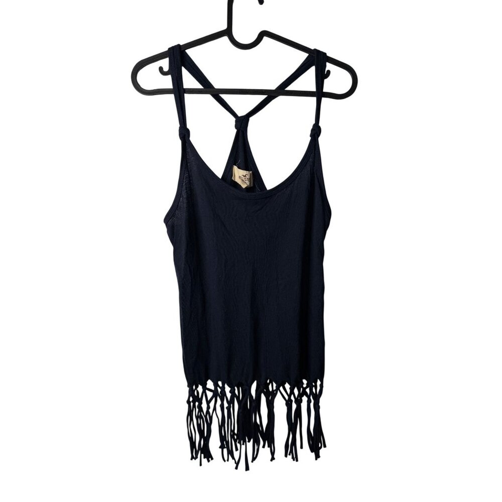 VTG Y2K Hollister Womens Small Navy Blue Cami Tank Top‎ Fringe Hem T-Back Boho